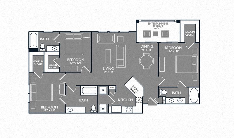 Floor plan for 3 beds, 3 baths, 1408 sqft